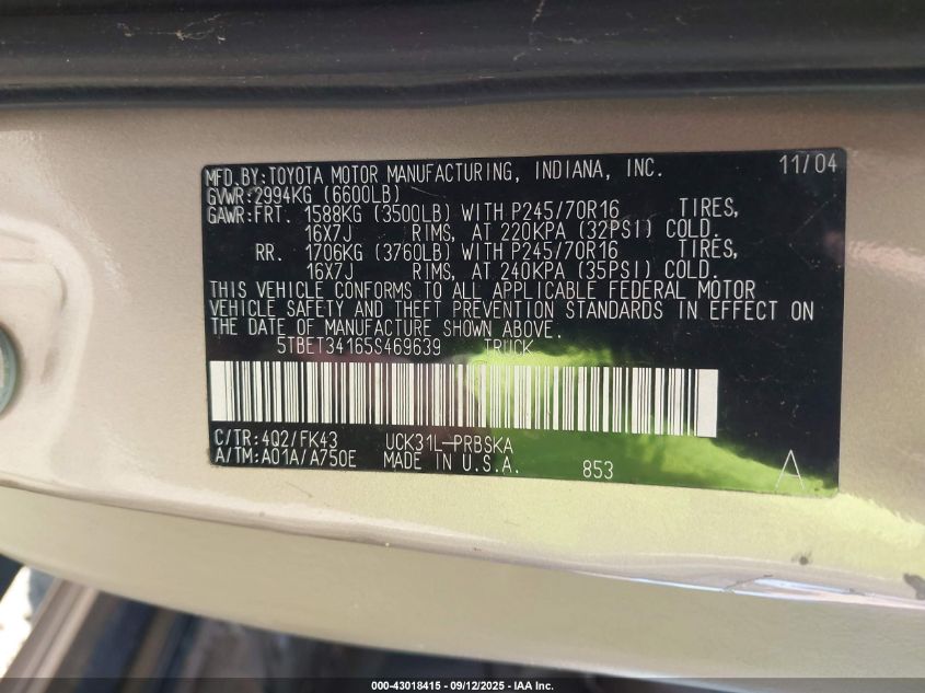 2005 Toyota Tundra Sr5 V8 VIN: 5TBET34165S469639 Lot: 43018415