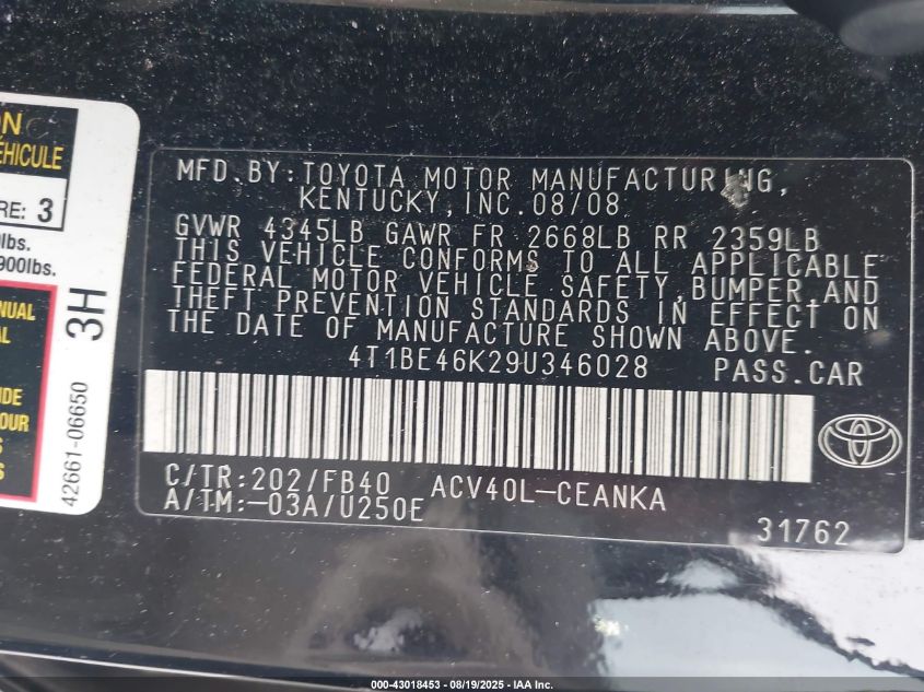 2009 Toyota Camry Le VIN: 4T1BE46K29U346028 Lot: 43018453