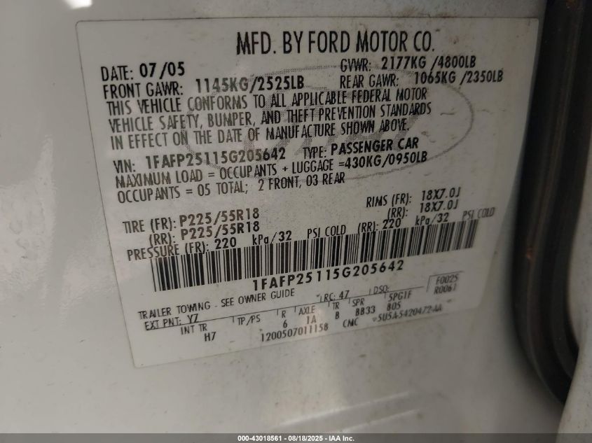 2005 Ford Five Hundred Limited VIN: 1FAFP25115G205642 Lot: 43018561