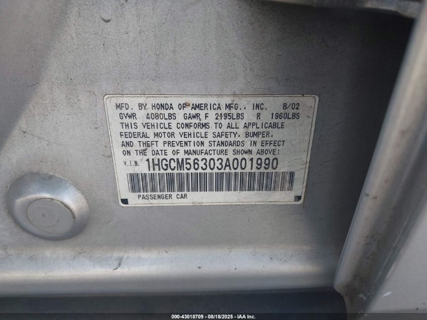 2003 Honda Accord 2.4 Lx VIN: 1HGCM56303A001990 Lot: 43018709