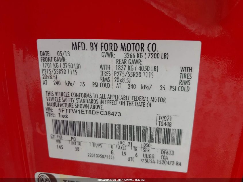 2013 Ford F-150 Fx4 VIN: 1FTFW1ET8DFC38473 Lot: 43018723