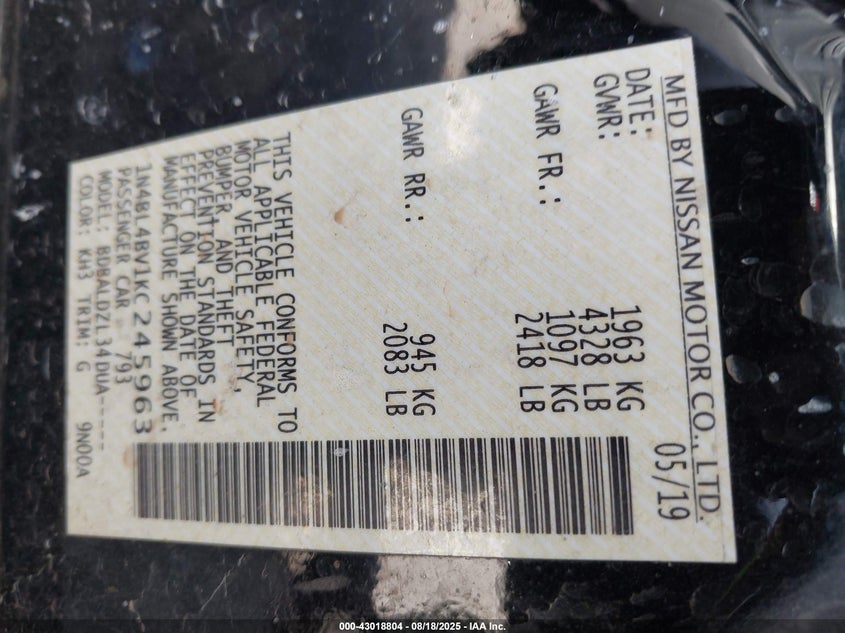 2019 NISSAN ALTIMA 2.5 S 1N4BL4BV1KC245963