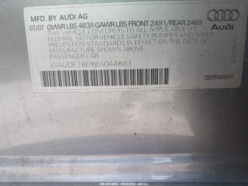 2008 Audi A4 2.0T VIN: WAUDF78E98A044803 Lot: 43018852