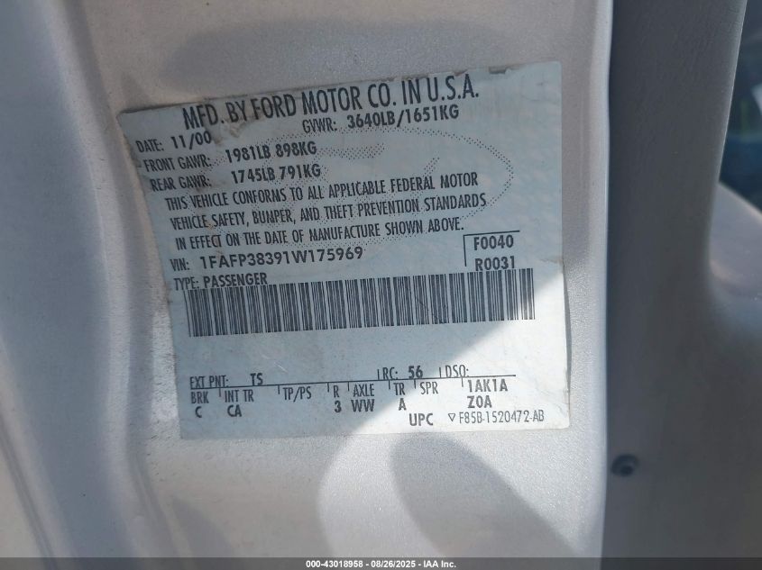 2001 Ford Focus Zts VIN: 1FAFP38391W175969 Lot: 43018958