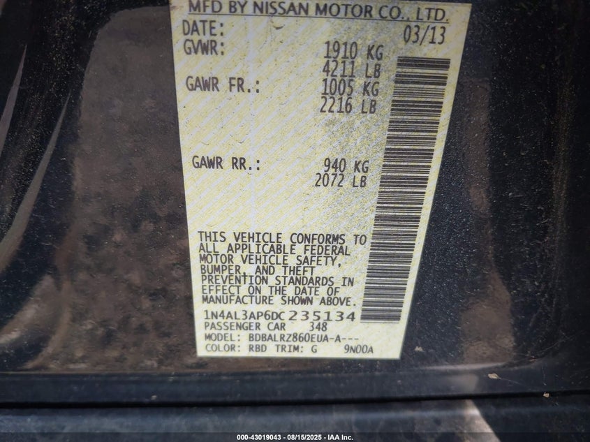 2013 NISSAN ALTIMA 2.5 S 1N4AL3AP6DC235134