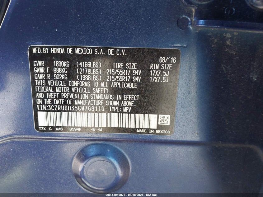 2016 HONDA HR-V LX 3CZRU6H35GM769110