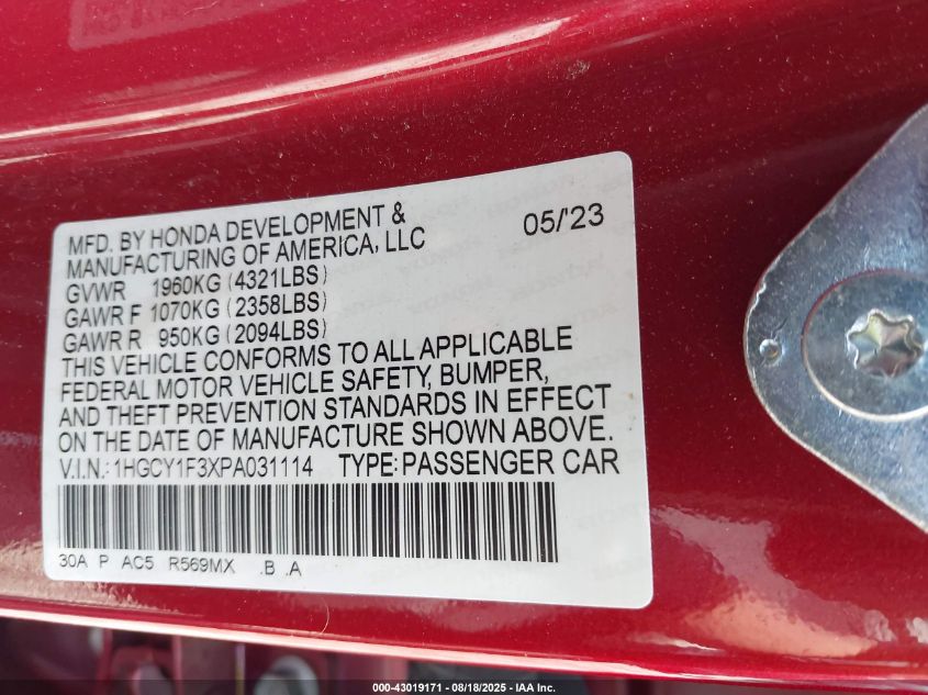 2023 Honda Accord Ex VIN: 1HGCY1F3XPA031114 Lot: 43019171