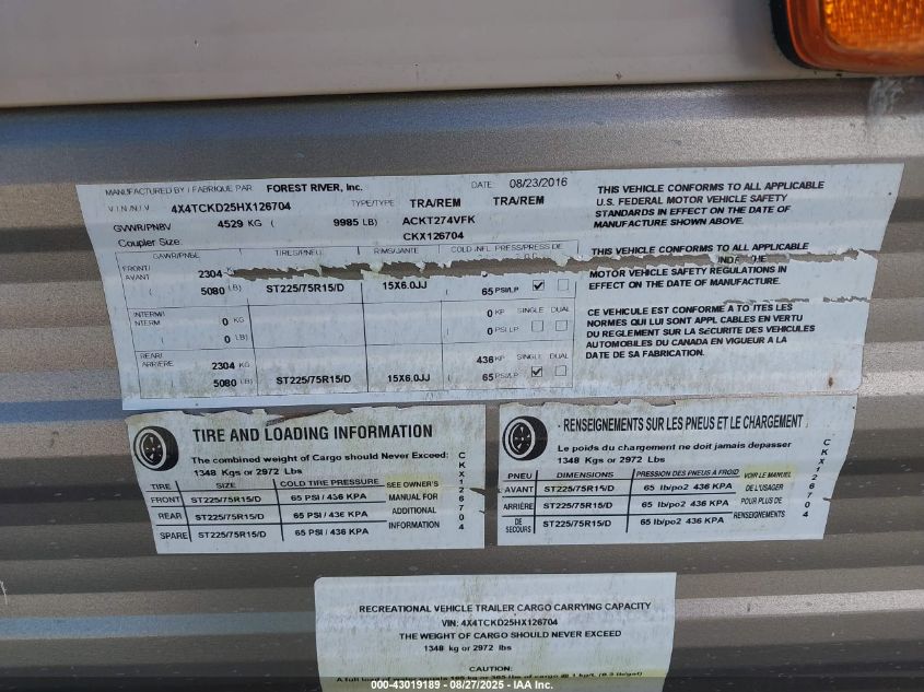 2016 Cherokee Travel Trailer VIN: 4X4TCKD25HX126704 Lot: 43019189