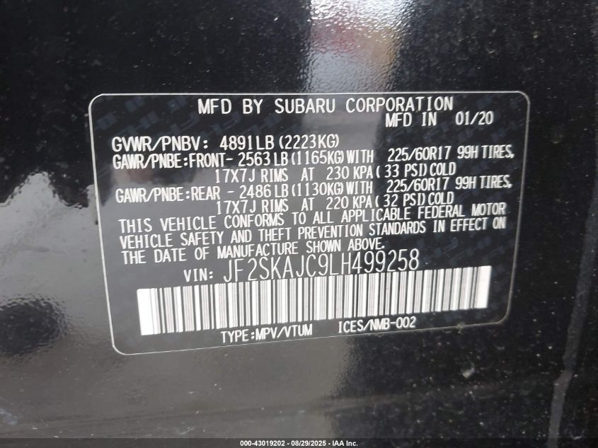 2020 Subaru Forester Premium VIN: JF2SKAJC9LH499258 Lot: 43019202