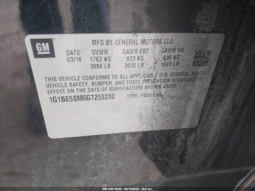 2016 Chevrolet Cruze Lt Auto VIN: 1G1BE5SM6G7253230 Lot: 43019240