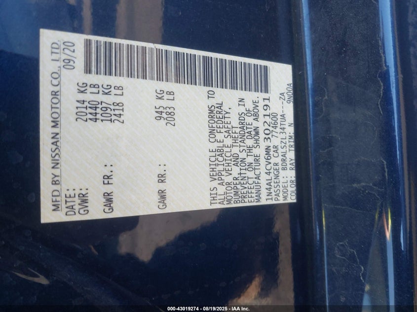 2021 NISSAN ALTIMA SR VC-TURBO FWD 1N4AL4CV6MN302191