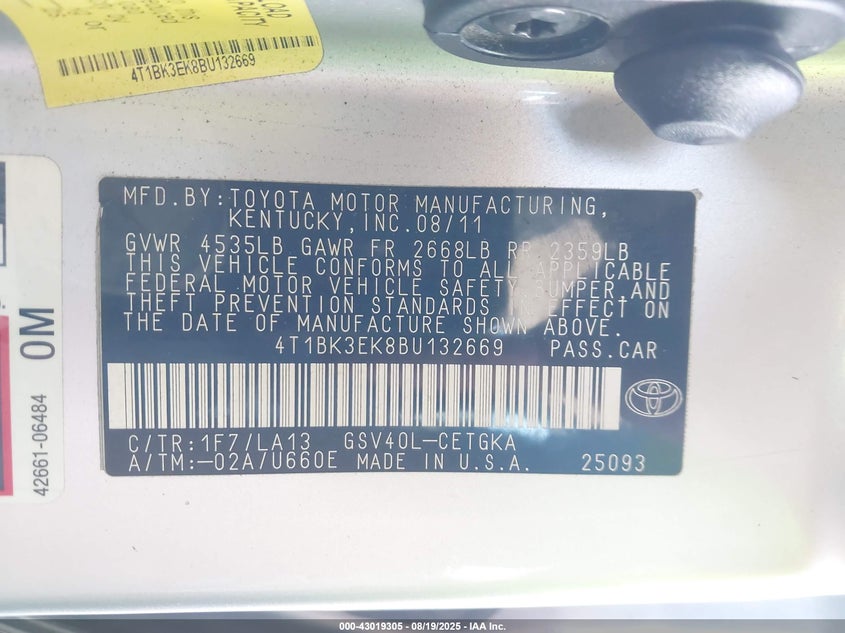 2011 Toyota Camry Xle V6 VIN: 4T1BK3EK8BU132669 Lot: 43019305