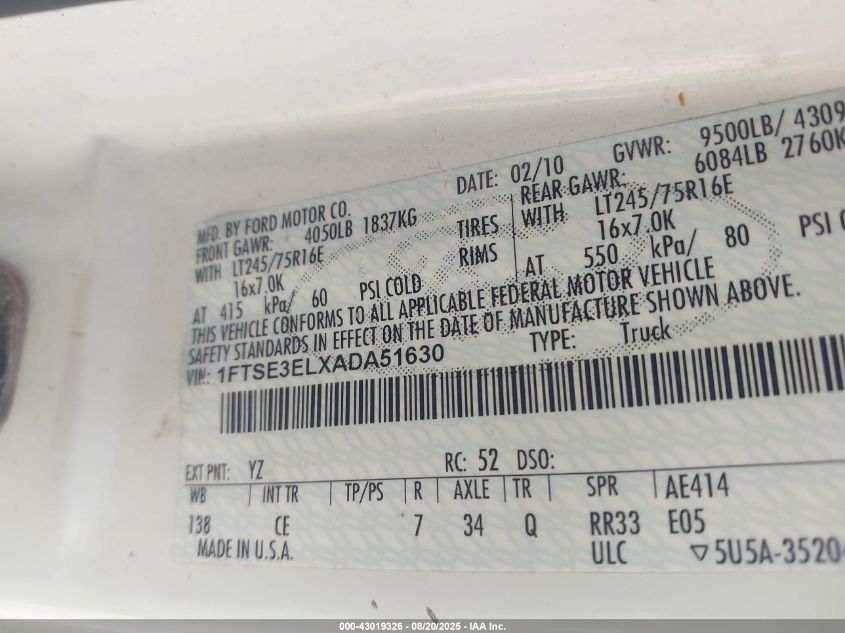 2010 Ford E-350 Super Duty Commercial/Recreational VIN: 1FTSE3ELXADA51630 Lot: 43019326