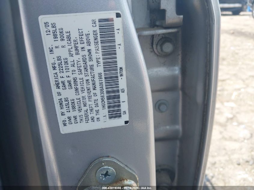 2006 Honda Accord 2.4 Se VIN: 1HGCM56306A061966 Lot: 43019356