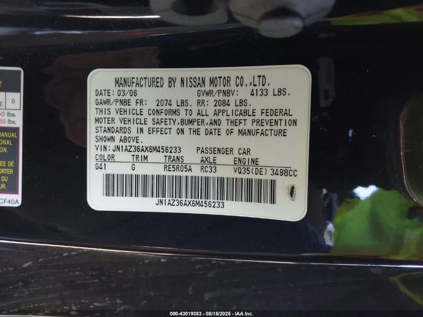 2006 Nissan 350Z Touring VIN: JN1AZ36AX6M456233 Lot: 43019383