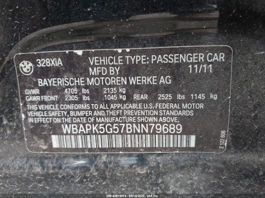 2011 BMW 328 Xi Sulev VIN: WBAPK5G57BNN79689 Lot: 43019414