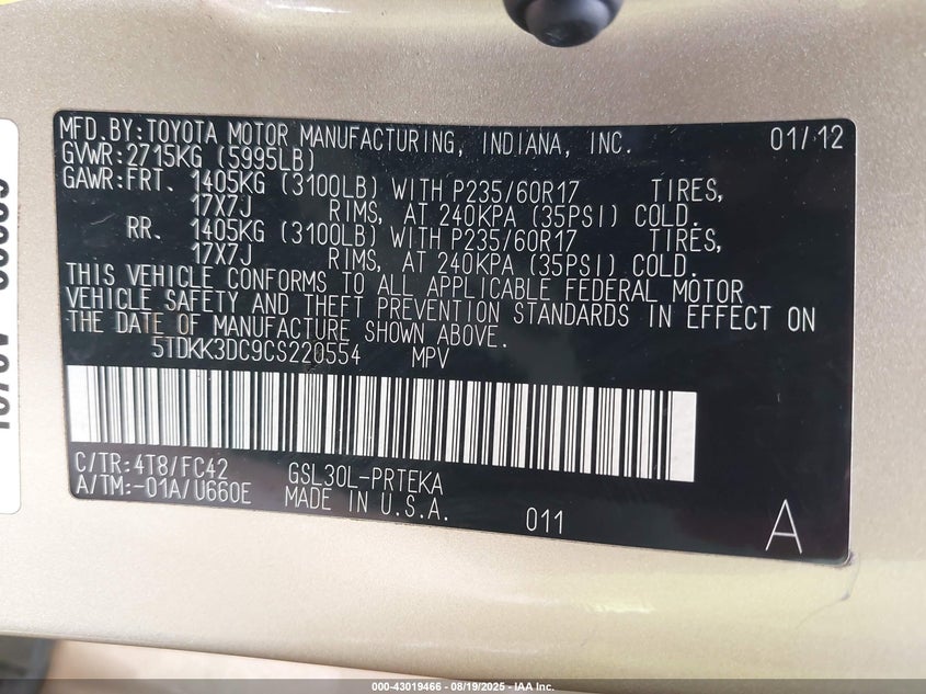 2012 Toyota Sienna Le V6 8 Passenger VIN: 5TDKK3DC9CS220554 Lot: 43019466