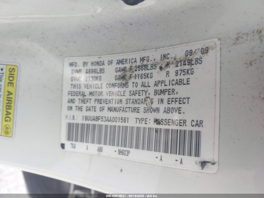 2010 Acura Tl 3.5 VIN: 19UUA8F53AA001561 Lot: 43019531