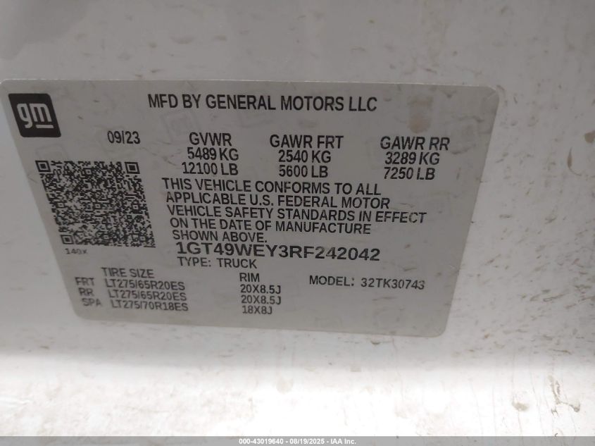 2024 GMC Sierra 3500Hd 4Wd Standard Bed Denali VIN: 1GT49WEY3RF242042 Lot: 43019640