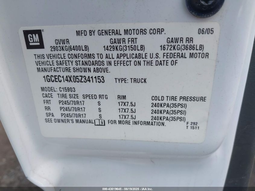 2005 Chevrolet Silverado 1500 Work Truck VIN: 1GCEC14X05Z341153 Lot: 43019645