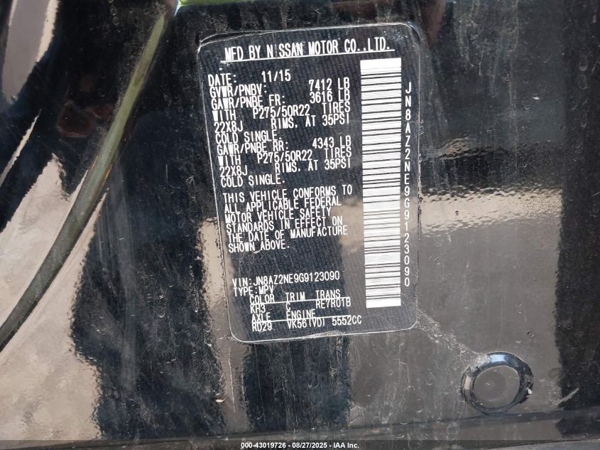 2016 Infiniti Qx80 VIN: JN8AZ2NE9G9123090 Lot: 43019726