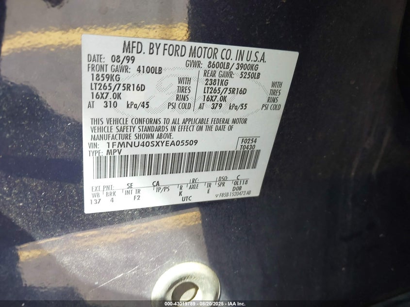 2000 Ford Excursion Xlt VIN: 1FMNU40SXYEA05509 Lot: 43019789