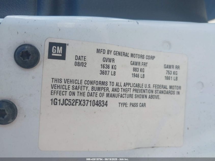 2003 Chevrolet Cavalier VIN: 1G1JC52FX37104834 Lot: 43019794