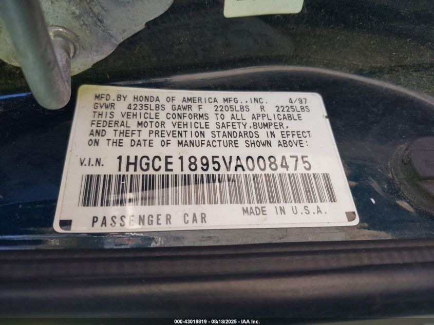 1997 Honda Accord Ex VIN: 1HGCE1895VA008475 Lot: 43019819