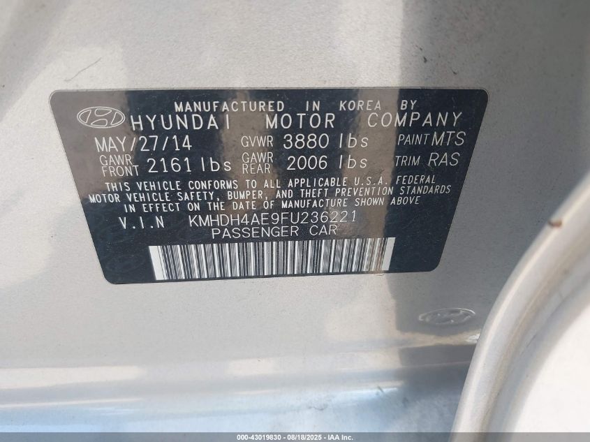 2015 Hyundai Elantra Se VIN: KMHDH4AE9FU236221 Lot: 43019830