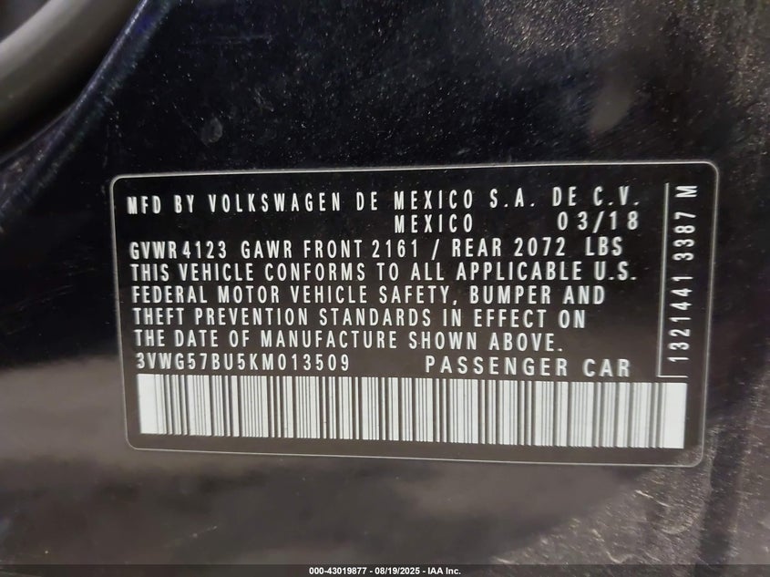 3VWG57BU5KM013509 2019 VOLKSWAGEN JETTA photo no. 9
