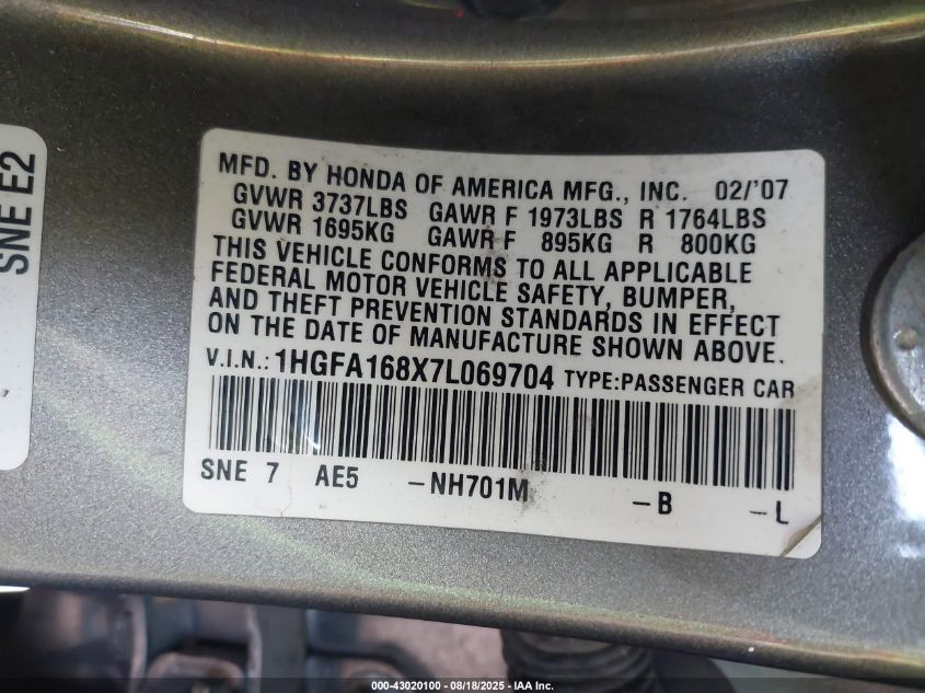 2007 Honda Civic Ex VIN: 1HGFA168X7L069704 Lot: 43020100