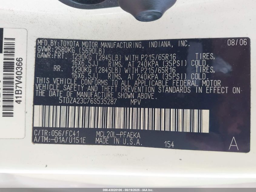 2006 Toyota Sienna Le VIN: 5TDZA23C76S535287 Lot: 43020106