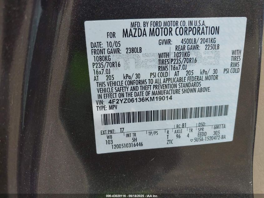 2006 Mazda Tribute S VIN: 4F2YZ06136KM19014 Lot: 43020116