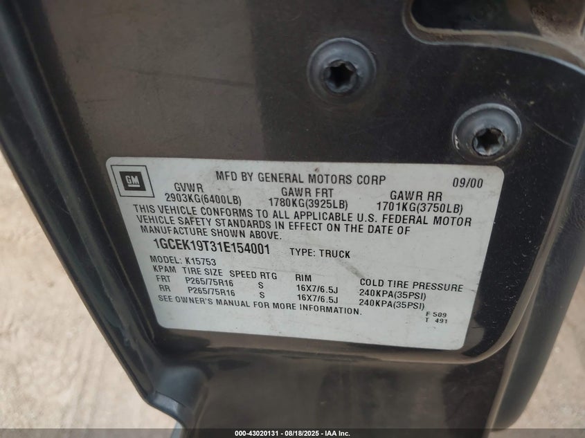 2001 Chevrolet Silverado 1500 Ls VIN: 1GCEK19T31E154001 Lot: 43020131