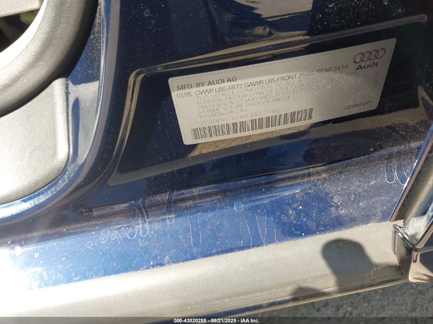 2005 Audi A4 3.2 VIN: WAUDG78E05A527752 Lot: 43020288