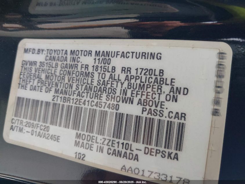 2001 Toyota Corolla S VIN: 2T1BR12E41C457480 Lot: 43020290