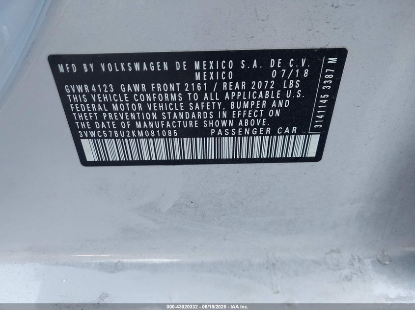 VIN 3VWC57BU2KM081085 2019 VOLKSWAGEN JETTA 1.4T R-LINE/1.4T S/1.4T SE