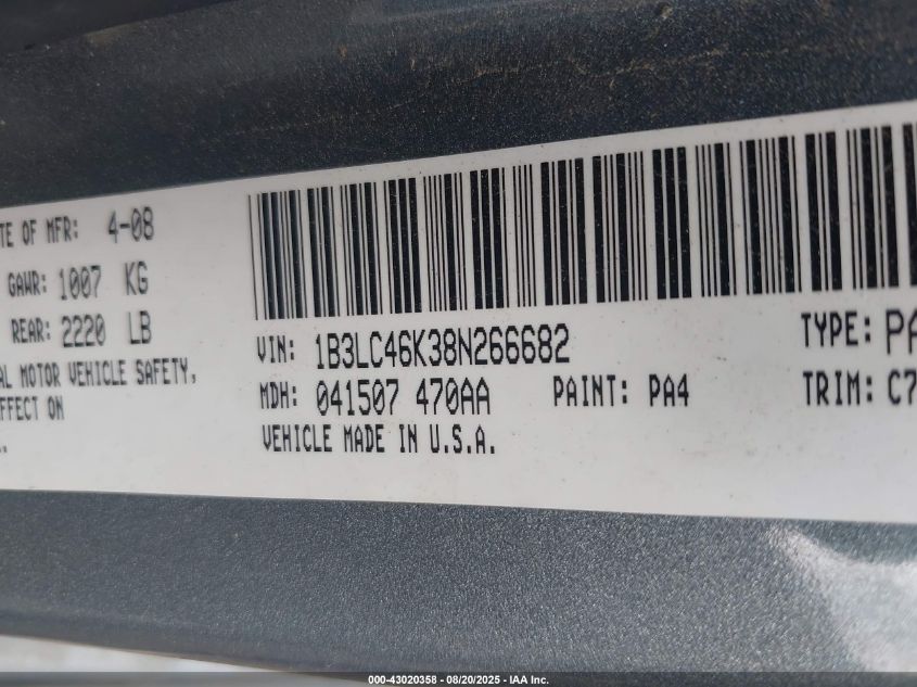 2008 Dodge Avenger Se VIN: 1B3LC46K38N266682 Lot: 43020358