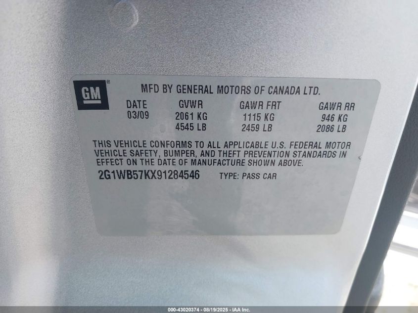 2009 Chevrolet Impala Ls VIN: 2G1WB57KX91284546 Lot: 43020374