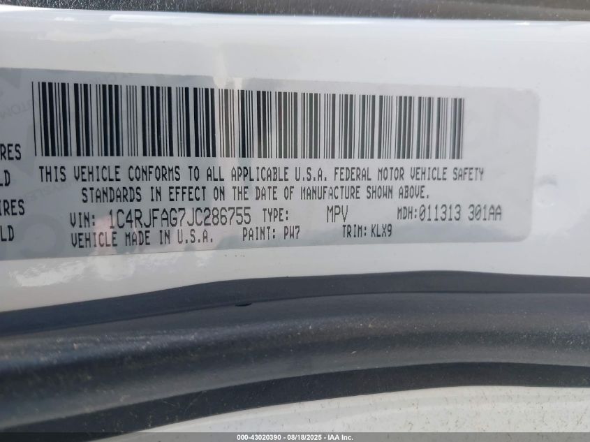 2018 Jeep Grand Cherokee Altitude 4X4 VIN: 1C4RJFAG7JC286755 Lot: 43020390