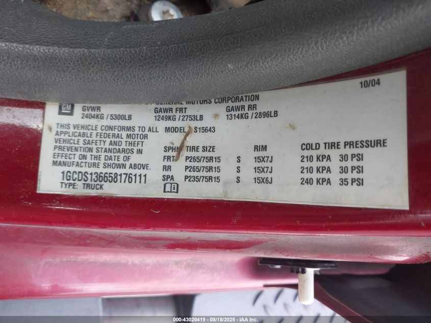 2005 Chevrolet Colorado Ls VIN: 1GCDS136658176111 Lot: 43020419