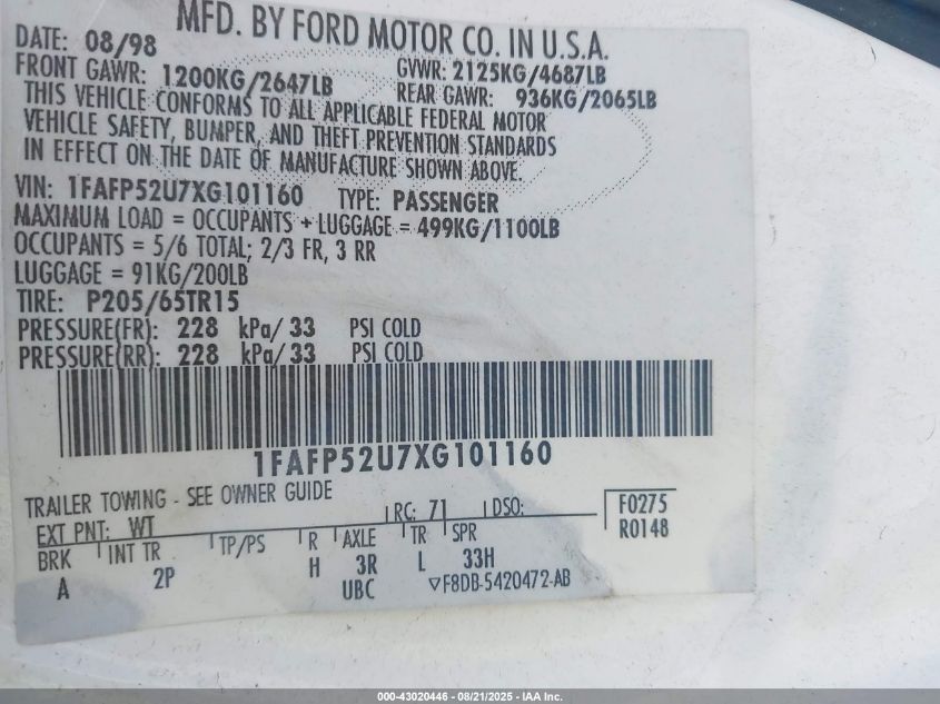 1999 Ford Taurus Lx VIN: 1FAFP52U7XG101160 Lot: 43020446