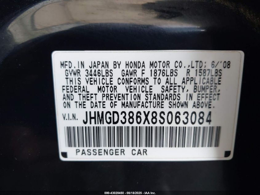 2008 Honda Fit Sport VIN: JHMGD386X8S063084 Lot: 43020450