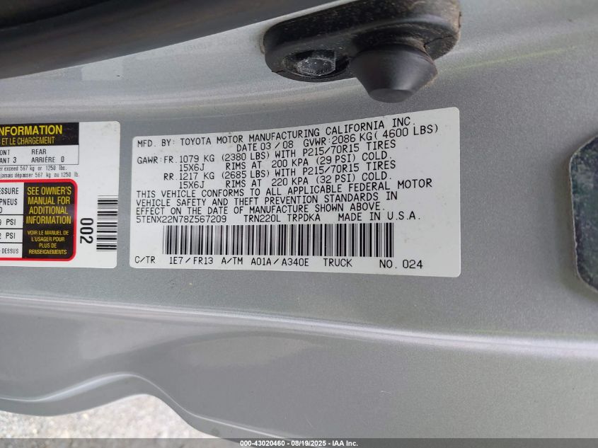 2008 Toyota Tacoma VIN: 5TENX22N78Z567209 Lot: 43020460