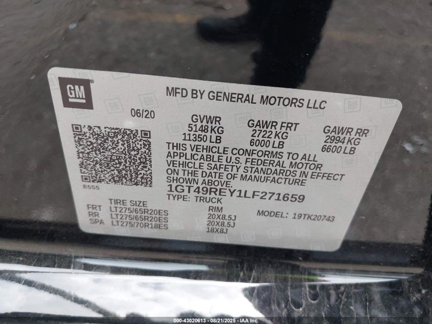 2020 GMC Sierra 2500Hd 4Wd Standard Bed Denali VIN: 1GT49REY1LF271659 Lot: 43020613