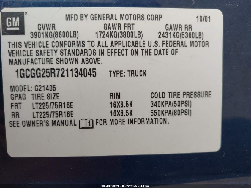 2002 Chevrolet Express VIN: 1GCGG25R721134045 Lot: 43020620