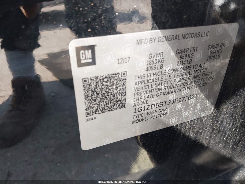 2018 CHEVROLET MALIBU LT 1G1ZD5ST3JF177021