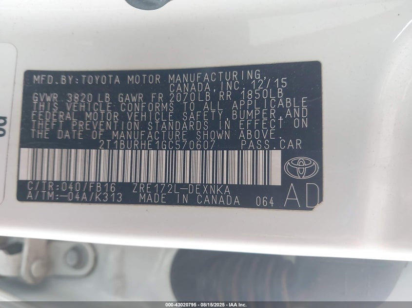 2016 Toyota Corolla Le Plus VIN: 2T1BURHE1GC570607 Lot: 43020795