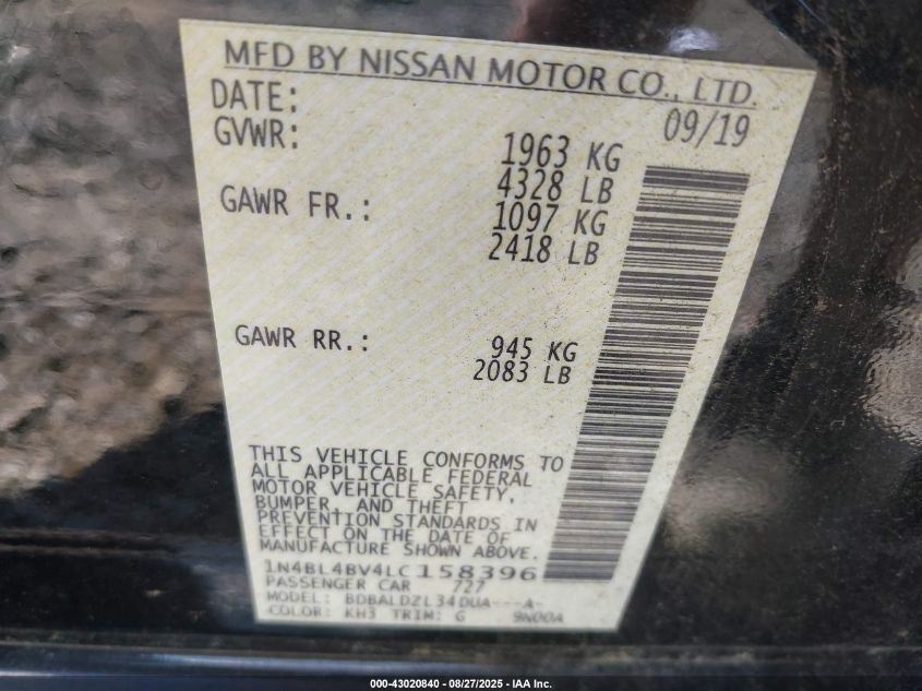 2020 Nissan Altima S Fwd VIN: 1N4BL4BV4LC158396 Lot: 43020840