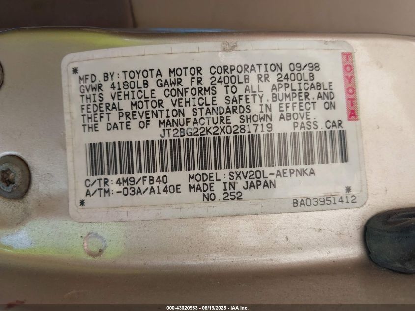 1999 Toyota Camry Le VIN: JT2BG22K2X0281719 Lot: 43020953